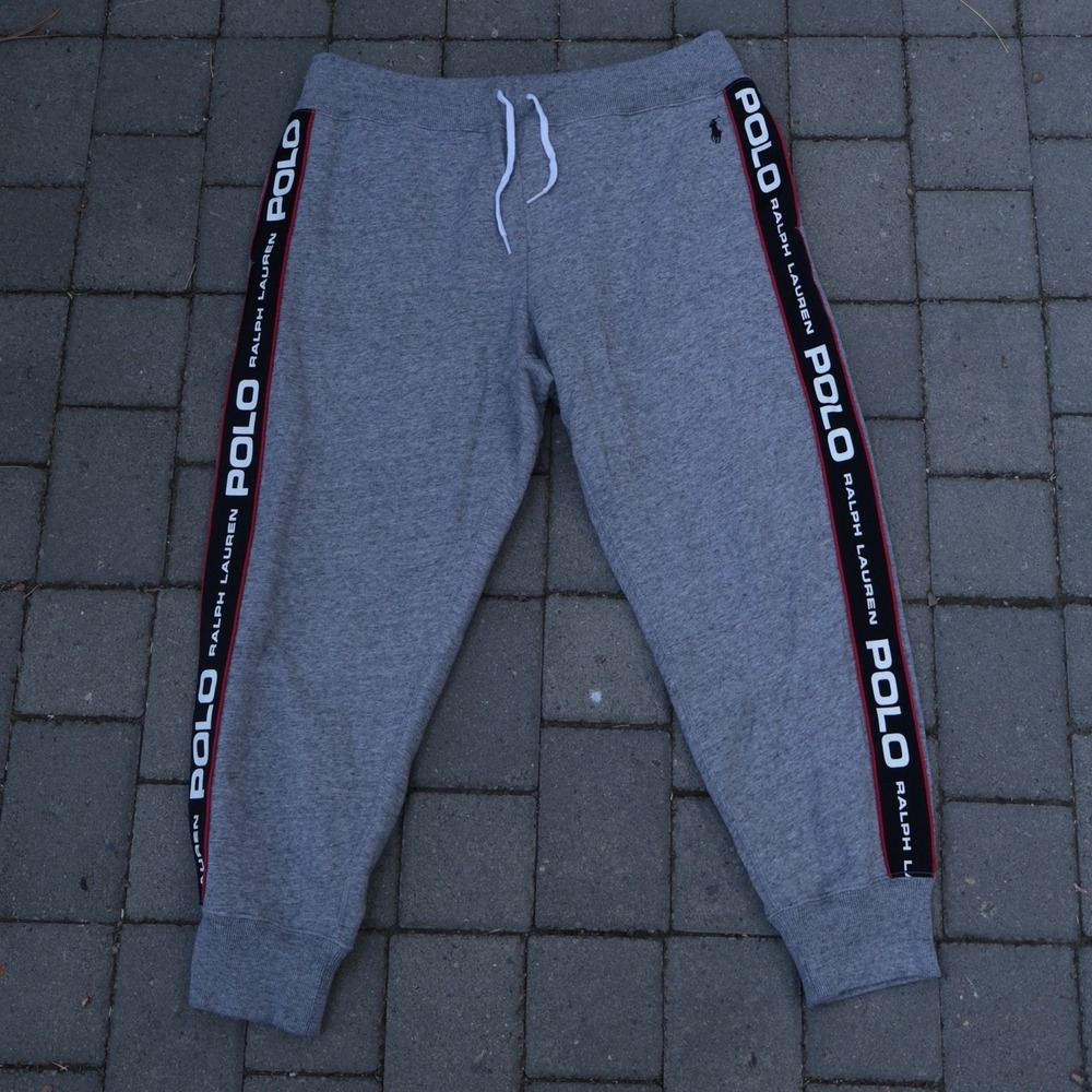 Polo Ralph Lauren Jogger Mens LG. Gray Side Logo Stripe Fleece Sweatants Preppy